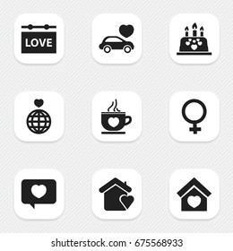 Set Of 9 Editable Love Icons. Includes Symbols Such As Coffee Cup, Banner, World And More. Can Be Used For Web, Mobile, UI And Infographic Design.