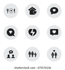 Set Of 9 Editable Love Icons. Includes Symbols Such As Family, Plate, House And More. Can Be Used For Web, Mobile, UI And Infographic Design.