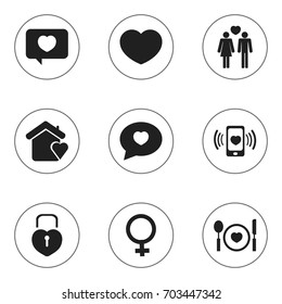 Set Of 9 Editable Love Icons. Includes Symbols Such As House, Proclamation, Love Message And More. Can Be Used For Web, Mobile, UI And Infographic Design.