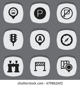 Set Of 9 Editable Map Icons. Includes Symbols Such As Stoplight, Spyglass, Street Construction And More. Can Be Used For Web, Mobile, UI And Infographic Design.