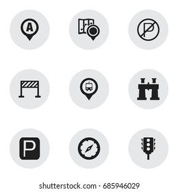 Set Of 9 Editable Map Icons. Includes Symbols Such As Prohibited Car Stay, Car Location, Spyglass And More. Can Be Used For Web, Mobile, UI And Infographic Design.