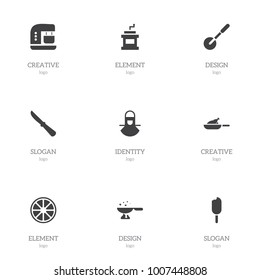 Set of 9 editable meal icons. Includes symbols such as mocha grinder, grill, knife roller and more. Can be used for web, mobile, UI and infographic design.