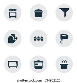Set Of 9 Editable Meal Icons. Includes Symbols Such As Agitator, Egg Carton, Soup Pot And More. Can Be Used For Web, Mobile, UI And Infographic Design.