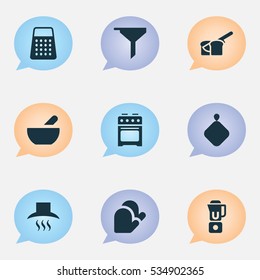 Set Of 9 Editable Meal Icons. Includes Symbols Such As Kitchen Hood, Shredder, Hand Mixer. Can Be Used For Web, Mobile, UI And Infographic Design.