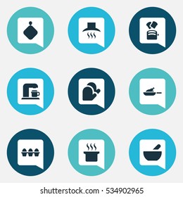 Set Of 9 Editable Meal Icons. Includes Symbols Such As Egg Carton, Slice Bread, Kitchen Glove And More. Can Be Used For Web, Mobile, UI And Infographic Design.