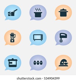 Set Of 9 Editable Meal Icons. Includes Symbols Such As Cookware, Soup Pot, Hand Mixer. Can Be Used For Web, Mobile, UI And Infographic Design.