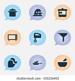 Set Of 9 Editable Meal Icons. Includes Symbols Such As Cookware, Filtering, Kitchen Glove And More. Can Be Used For Web, Mobile, UI And Infographic Design.
