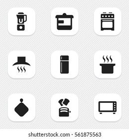 Set Of 9 Editable Meal Icons. Includes Symbols Such As Kitchen Hood, Hand Mixer, Stove. Can Be Used For Web, Mobile, UI And Infographic Design.