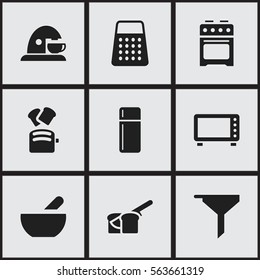 Set Of 9 Editable Meal Icons. Includes Symbols Such As Shredder, Soup, Stove And More. Can Be Used For Web, Mobile, UI And Infographic Design.