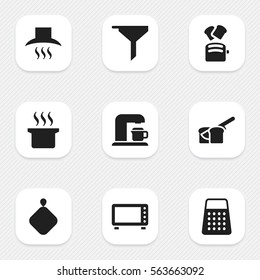 Set Of 9 Editable Meal Icons. Includes Symbols Such As Slice Bread, Pot-Holder, Filtering And More. Can Be Used For Web, Mobile, UI And Infographic Design.