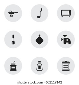 Set Of 9 Editable Meal Icons. Includes Symbols Such As Soup Spoon, Pot-Holder, Mocha Grinder And More. Can Be Used For Web, Mobile, UI And Infographic Design.