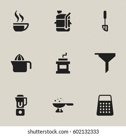 Set Of 9 Editable Meal Icons. Includes Symbols Such As Hand Mixer, Filtering, Coffee Cup. Can Be Used For Web, Mobile, UI And Infographic Design.