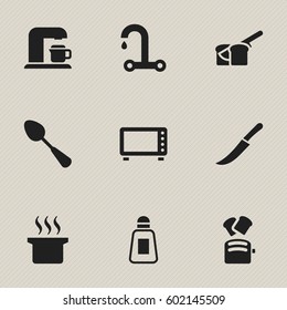 Set Of 9 Editable Meal Icons. Includes Symbols Such As Tablespoon, Faucet, Soup Pot And More. Can Be Used For Web, Mobile, UI And Infographic Design.