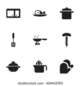 Set Of 9 Editable Meal Icons. Includes Symbols Such As Saucepan, Cooking Pan, Kitchen Glove And More. Can Be Used For Web, Mobile, UI And Infographic Design.