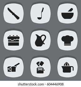 Set Of 9 Editable Meal Icons. Includes Symbols Such As Soup Spoon, Jug, Kitchen Blade And More. Can Be Used For Web, Mobile, UI And Infographic Design.