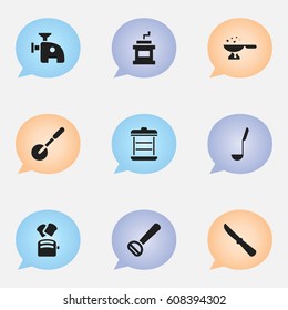 Set Of 9 Editable Meal Icons. Includes Symbols Such As Meat Grinder, Husker, Knife Roller And More. Can Be Used For Web, Mobile, UI And Infographic Design.