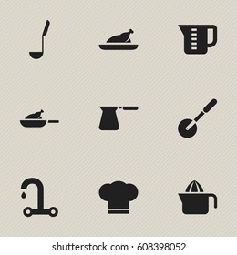 Set Of 9 Editable Meal Icons. Includes Symbols Such As Cook Cap, Grill, Fried Chicken And More. Can Be Used For Web, Mobile, UI And Infographic Design.