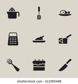 Set Of 9 Editable Meal Icons. Includes Symbols Such As Silverware, Fried Chicken, Meat And More. Can Be Used For Web, Mobile, UI And Infographic Design.