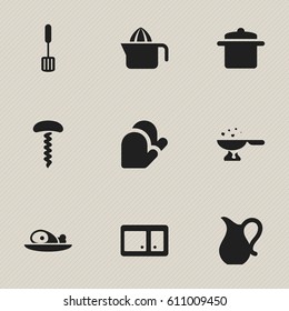Set Of 9 Editable Meal Icons. Includes Symbols Such As Jug, Trowel, Cooking Pan And More. Can Be Used For Web, Mobile, UI And Infographic Design.