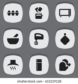 Set Of 9 Editable Meal Icons. Includes Symbols Such As Kitchen Glove, Agitator, Refrigerator And More. Can Be Used For Web, Mobile, UI And Infographic Design.
