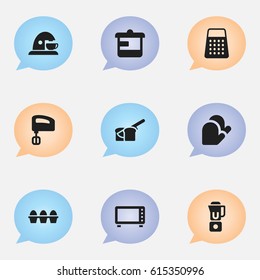 Set Of 9 Editable Meal Icons. Includes Symbols Such As Agitator, Kitchen Glove, Egg Carton And More. Can Be Used For Web, Mobile, UI And Infographic Design.
