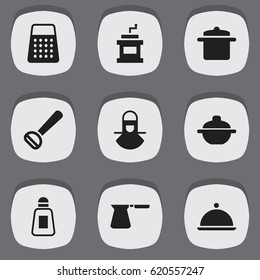 Set Of 9 Editable Meal Icons. Includes Symbols Such As Mocha Grinder, Coffee Pot, Shredder And More. Can Be Used For Web, Mobile, UI And Infographic Design.