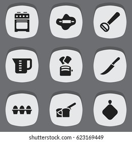Set Of 9 Editable Meal Icons. Includes Symbols Such As Stove, Mensural, Egg Carton And More. Can Be Used For Web, Mobile, UI And Infographic Design.