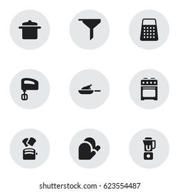 Set Of 9 Editable Meal Icons. Includes Symbols Such As Hand Mixer, Shredder, Agitator. Can Be Used For Web, Mobile, UI And Infographic Design.
