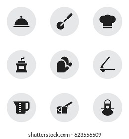 Set Of 9 Editable Meal Icons. Includes Symbols Such As Mocha Grinder, Kitchen Glove, Salver And More. Can Be Used For Web, Mobile, UI And Infographic Design.