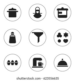 Set Of 9 Editable Meal Icons. Includes Symbols Such As Cookware, Rocker Blade, Filtering And More. Can Be Used For Web, Mobile, UI And Infographic Design.