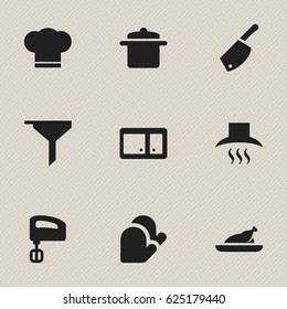 Set Of 9 Editable Meal Icons. Includes Symbols Such As Cookware, Cook Cap, Kitchen Hood And More. Can Be Used For Web, Mobile, UI And Infographic Design.