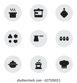 Set Of 9 Editable Meal Icons. Includes Symbols Such As Utensil, Saucepan, Cook Cap And More. Can Be Used For Web, Mobile, UI And Infographic Design.