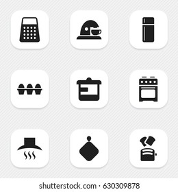 Set Of 9 Editable Meal Icons. Includes Symbols Such As Cup, Slice Bread, Stove And More. Can Be Used For Web, Mobile, UI And Infographic Design.