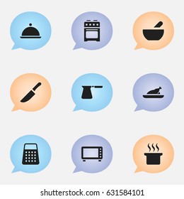Set Of 9 Editable Meal Icons. Includes Symbols Such As Soup, Oven, Stove And More. Can Be Used For Web, Mobile, UI And Infographic Design.