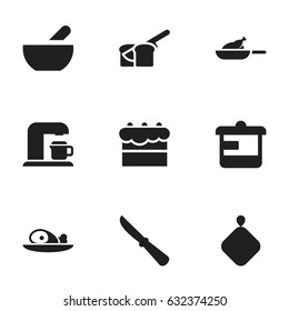 Set Of 9 Editable Meal Icons. Includes Symbols Such As Pastry, Pot-Holder, Utensil And More. Can Be Used For Web, Mobile, UI And Infographic Design.