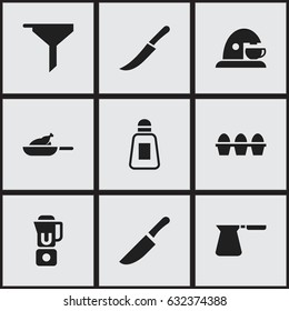 Set Of 9 Editable Meal Icons. Includes Symbols Such As Knife, Coffee Pot, Egg Carton And More. Can Be Used For Web, Mobile, UI And Infographic Design.