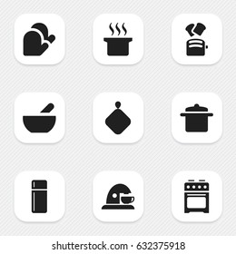 Set Of 9 Editable Meal Icons. Includes Symbols Such As Kitchen Glove, Slice Bread, Cup And More. Can Be Used For Web, Mobile, UI And Infographic Design.