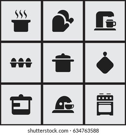 Set Of 9 Editable Meal Icons. Includes Symbols Such As Stove, Egg Carton, Kitchen Glove And More. Can Be Used For Web, Mobile, UI And Infographic Design.