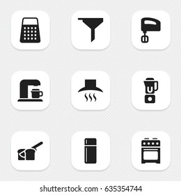 Set Of 9 Editable Meal Icons. Includes Symbols Such As Kitchen Hood, Bakery, Filtering And More. Can Be Used For Web, Mobile, UI And Infographic Design.