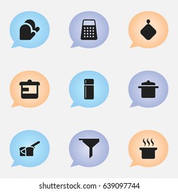 Set Of 9 Editable Meal Icons. Includes Symbols Such As Refrigerator, Bakery, Filtering And More. Can Be Used For Web, Mobile, UI And Infographic Design.