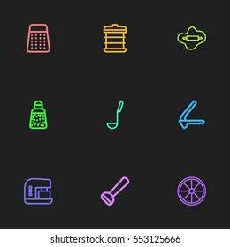 Set Of 9 Editable Meal Icons. Includes Symbols Such As Potato Peeler, Soup Spoon, Mixer And More. Can Be Used For Web, Mobile, UI And Infographic Design.
