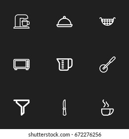Set Of 9 Editable Meal Icons. Includes Symbols Such As Tray, Measuring Cup, Pizza Blade And More. Can Be Used For Web, Mobile, UI And Infographic Design.
