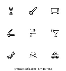 Set Of 9 Editable Meal Icons. Includes Symbols Such As Peas, Microwave, Garlic Press And More. Can Be Used For Web, Mobile, UI And Infographic Design.