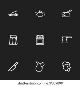 Set Of 9 Editable Meal Outline Icons. Includes Symbols Such As Rasp, Food Cutter, Cezve And More. Can Be Used For Web, Mobile, UI And Infographic Design.