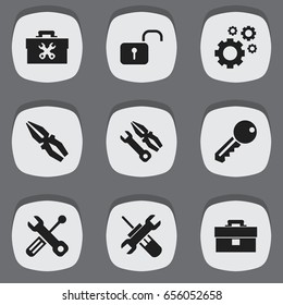 Set Of 9 Editable Mechanic Icons. Includes Symbols Such As Utility, Access, Instrument And More. Can Be Used For Web, Mobile, UI And Infographic Design.