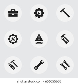 Set Of 9 Editable Mechanic Icons. Includes Symbols Such As Warning, Handle Hit, Portfolio. Can Be Used For Web, Mobile, UI And Infographic Design.
