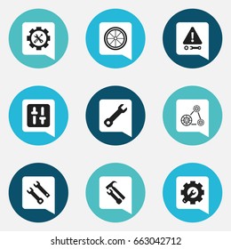Set Of 9 Editable Mechanic Icons. Includes Symbols Such As Caution, Service, Cambelt And More. Can Be Used For Web, Mobile, UI And Infographic Design.