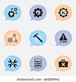 Set Of 9 Editable Mechanic Icons. Includes Symbols Such As Handle Hit, Technical Support, Fixing Equipment. Can Be Used For Web, Mobile, UI And Infographic Design.