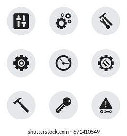 Set Of 9 Editable Mechanic Icons. Includes Symbols Such As Settings, Handle Hit, Cogwheels. Can Be Used For Web, Mobile, UI And Infographic Design.