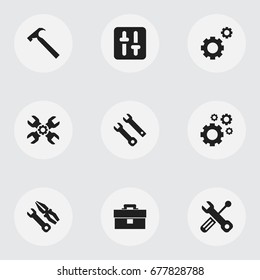 Set Of 9 Editable Mechanic Icons. Includes Symbols Such As Equalizer, Portfolio, Technical Support And More. Can Be Used For Web, Mobile, UI And Infographic Design.
